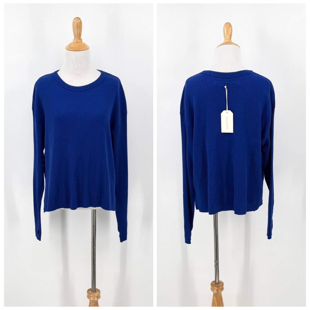 ENZA COSTA Cashmere Thermal Loose Cropped Crew Womens Medium Baltic Blue NEW